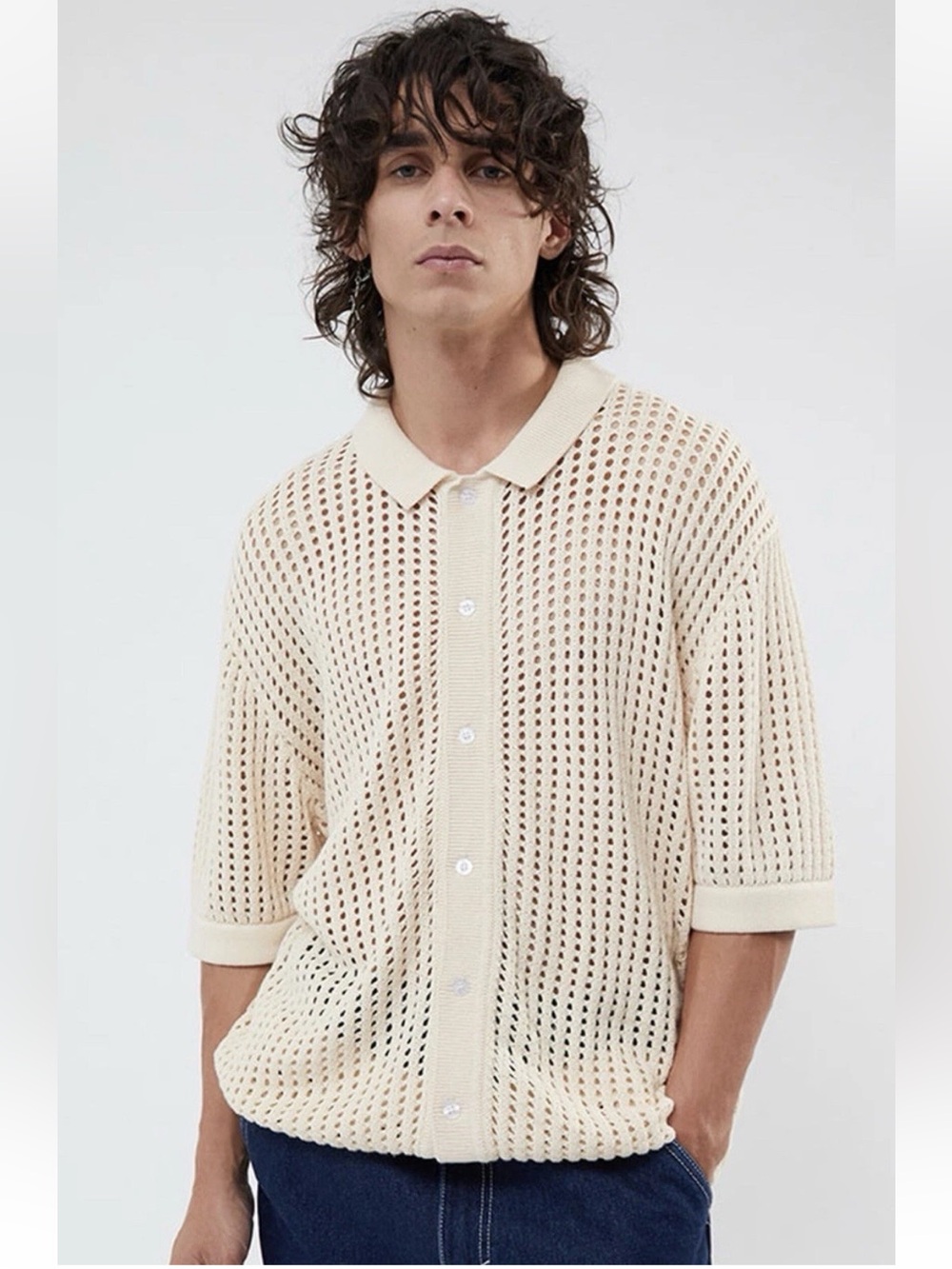 Pacsun White Open Knit BUTTON SHIRT 2.0 Woven Camp short Sleeves Collared Mens M
